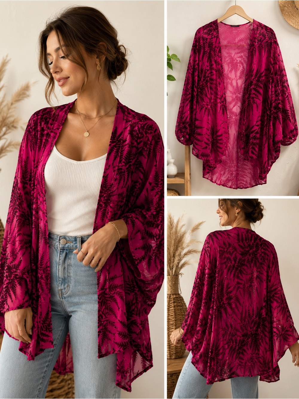 SAACHI Pink Burnout Velvet Fern Print Kimono | Boho Open Front Cover-Up
